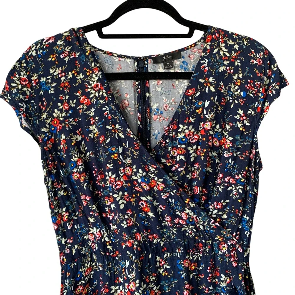 J. Crew navy multi floral print faux wrap‎ cap sleeve ruffle trim dress. Size 8
